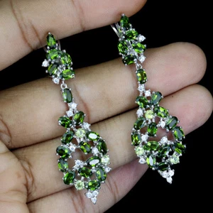 Sommer 925 Silber Ohrringe Oval Chrom Diopsid Peridot Edelstein Schmuck Geschenk - Bild 1 von 11