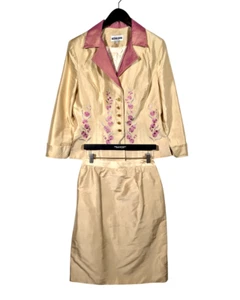 Vintage Victor Costa Sz 12 Designer 100% SILK Skirt Suit Pearl Gold Pink Floral - Picture 1 of 11