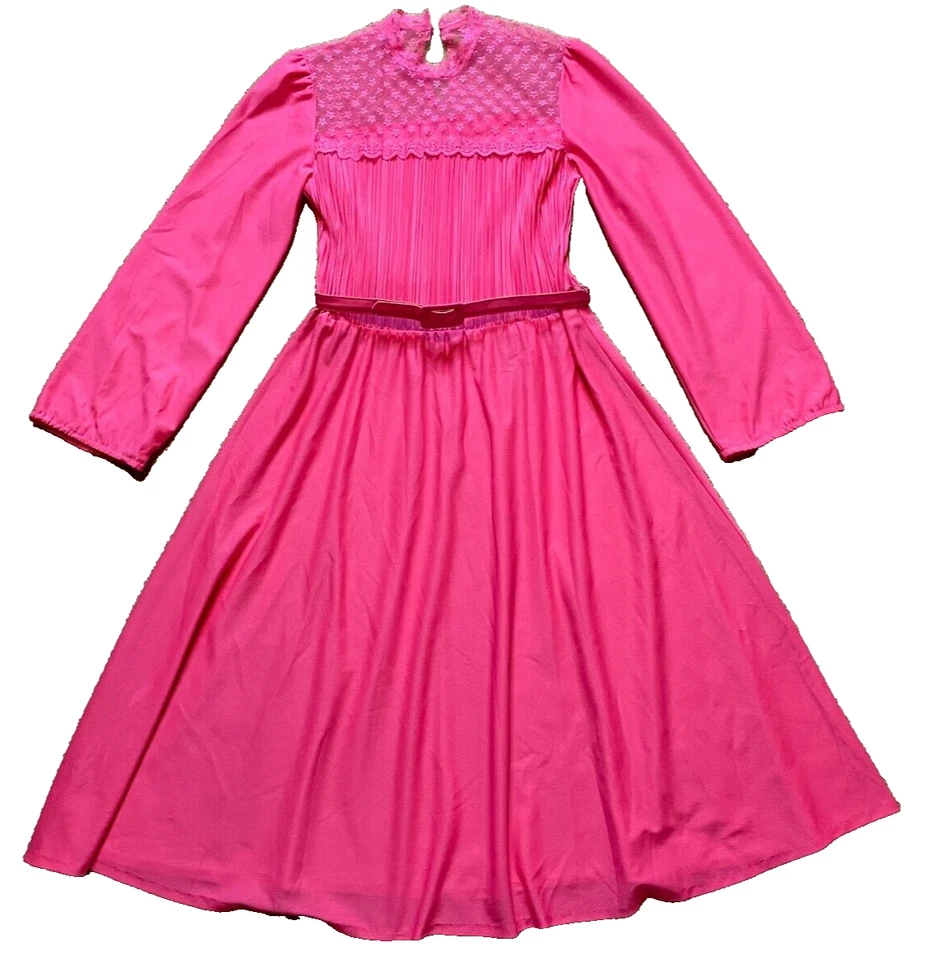 Vestido midi vintage años 70 discoteca rosa coral manga larga encaje canesú línea A M Foto 1 de 4