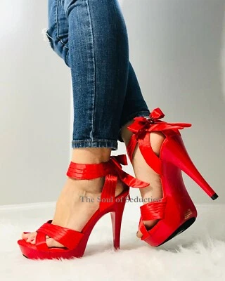 Red Satin Platform Heels Mens Crossdresser Drag Queen Shoes Womans Size 12 13 14 - Image 1 of 2