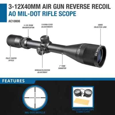 Barska Zoom 3-12x 40mm AO Air Gun Reverse Recoil Rifle scopes Mil-Dot AC10008