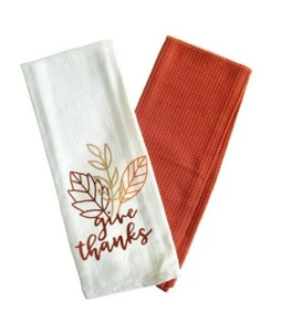 Harvest Fall Design Woven Kitchen Towels “Give Thanks” - 2 Pack - Picture 1 of 3