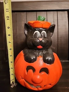 Vintage Ceramic 10.5" Halloween Black Cat On Pumpkin Jack o lantern JOL  - Picture 1 of 12