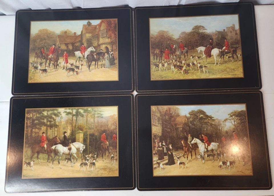4pc Pimpernel Tally Ho Black Hunt Hounds Meet Table Cork Placemats England - Image 1 of 4