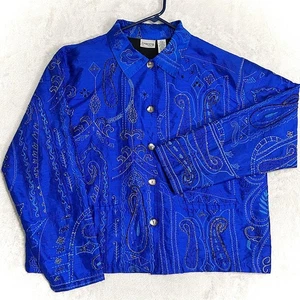 Vtg Chico's Sheila Jacket Women's 3/XL Blue Silk Paisley Beaded Embroidery 90s - Picture 1 of 21
