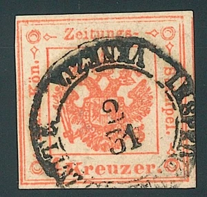 1858 Lombard newspaper tax marker 4 kr dead red used cert. Sorani - Picture 1 of 2