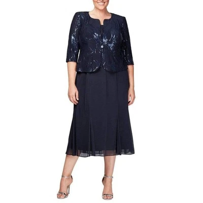 ALEX EVENINGS Chiffon & Sequin Dress & Jacket Set 18W Navy Blue Formal NWT - Image 1 of 4