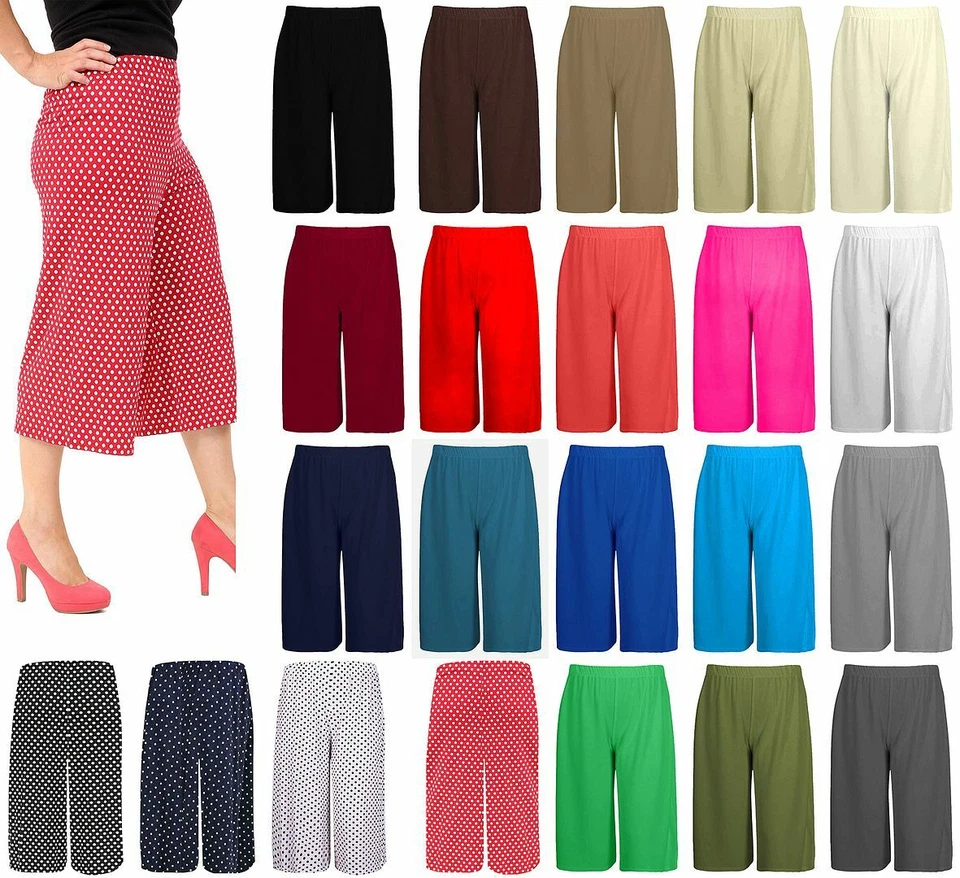 New Ladies 3/4 Length Short Palazzo Trousers Causal Wide Leg Culottes Pants - Image 1 of 1