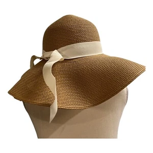 Womens M Beach Sun Straw Hat Tan UV UPF50 Travel Foldable Brim Ivory Ribbon - Picture 1 of 5