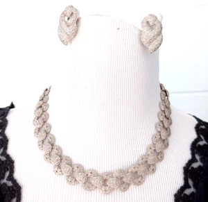 Vintage 90's Chunky Silver Tone Collar Necklace & Clip On Earrings Set - Picture 1 of 10