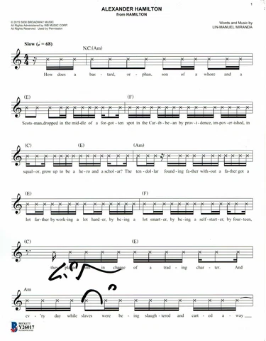 LIN-MANUEL MIRANDA AUTOGRAPH SIGNED ALEXANDER HAMILTON SHEET MUSIC BECKETT BAS Cover