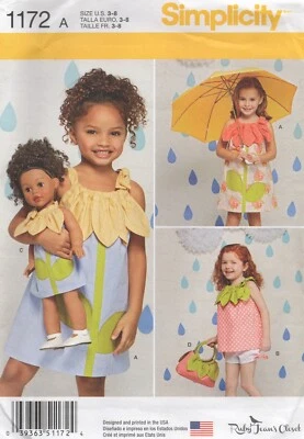 Simplicity Sewing Pattern 1172 Dress Top Shorts Bag 18" Doll Flowers Sz 3-8 New - Image 1 of 4