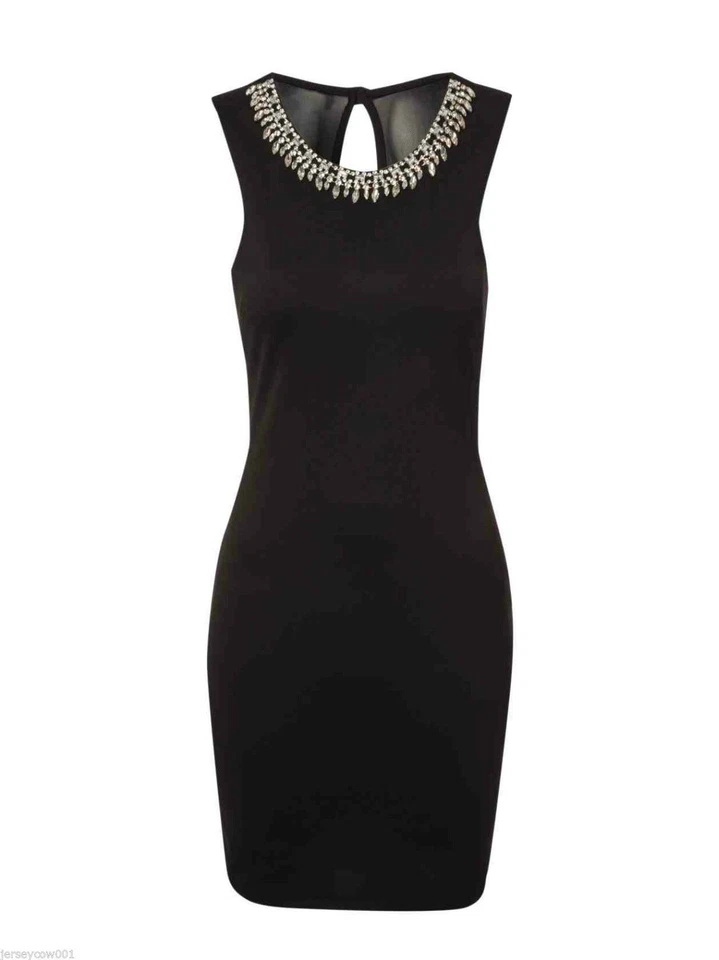 Jane Norman Black Diamante Trim Bodycon Dress Sz 14 Rrp45