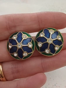 Vintage Ohrclips 80er Jahre goldfarben & blaue Emaille gewölbt 2 cm - Bild 1 von 4
