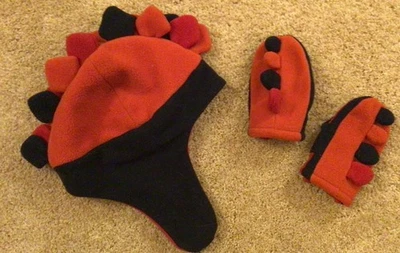 Baby GAP Fleece Dinosaur Trapper Hat & Mittens Orange Navy Red - Image 1 of 3