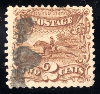 US Scott 113 Used 2c brown Pony Express Rider, "G" Grill Lot K200 bhmstamps - Image 1 of 2