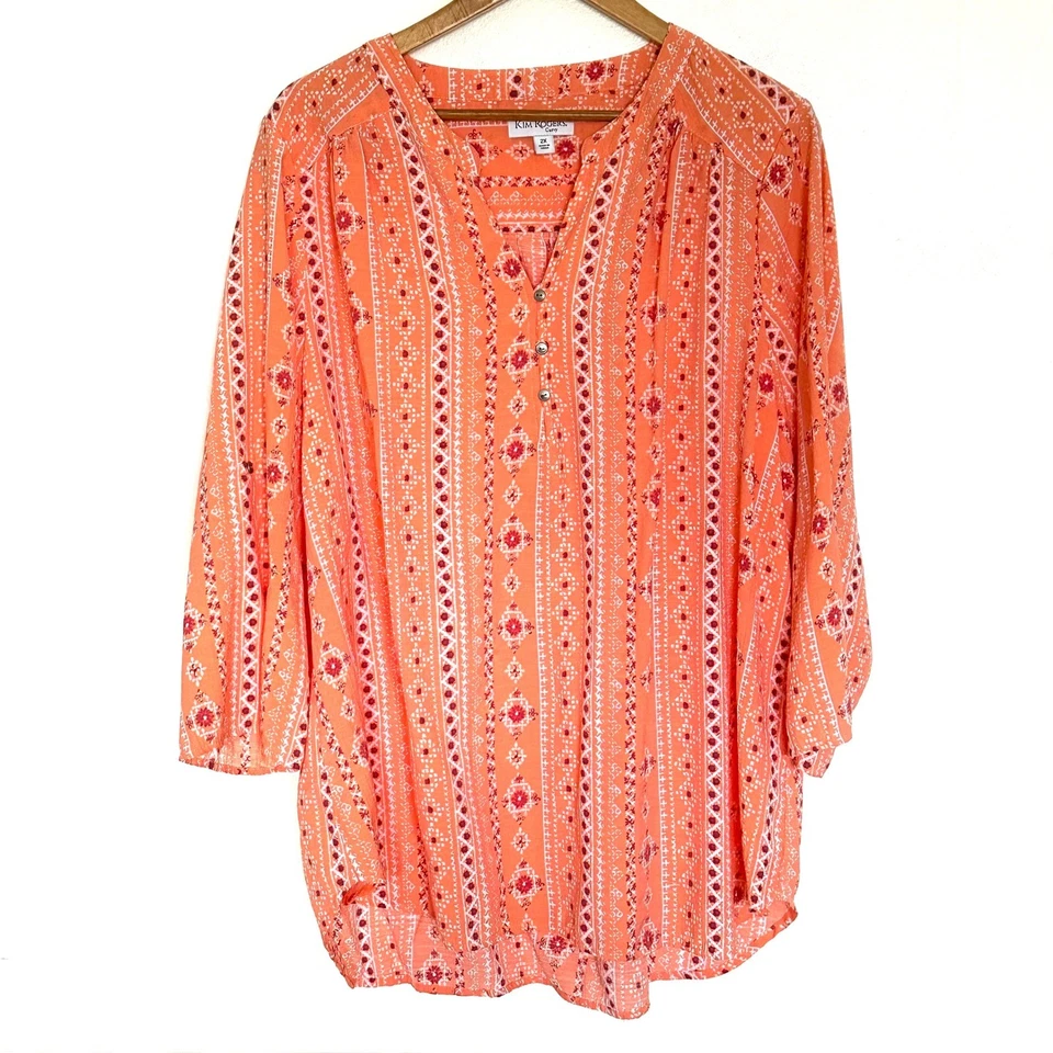 Kim Rogers Túnica Curvy Para Mujer 2X Naranja Floral Manga 3/4 Camisa Ligera Top Foto 1 de 4