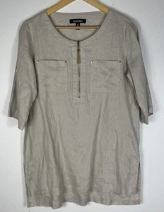 Ellen Tracy Tan 100% Linen Tunic Sm Lagenlook Boho Roll Tab Sleeve Quiet Luxury - Picture 1 of 12