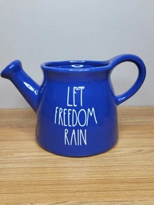 RAE DUNN Artisan LET FREEDOM RAIN Blue Ceramic Watering Can - Picture 1 of 8