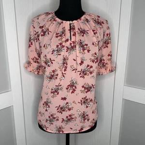 Liz Claiborne Petite M Pink Floral Top Ruffle Sleeve Blouse NWOT - Picture 1 of 7