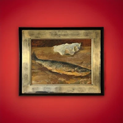 Pintura al óleo japonesa vintage de mediados de siglo de peces y conchas de naturaleza muerta 1963 Foto 1 de 4