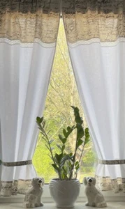 Juego de cortina casa de campo 2 ud. blanco beige retro con encaje 140x75 total 150cm + 2 cintas - Imagen 1 de 1
