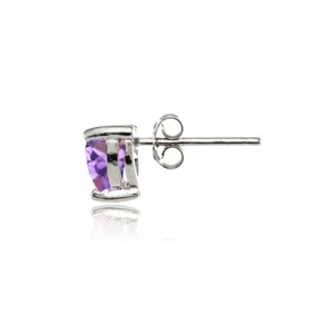 Sterling Silver Simulated Amethyst 6mm Heart Stud Earrings - Picture 1 of 3