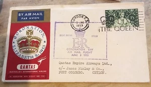 Coronation Day Air Mail Flight Cover Letter Qantas London to Ceylon 1953 - Picture 1 of 2