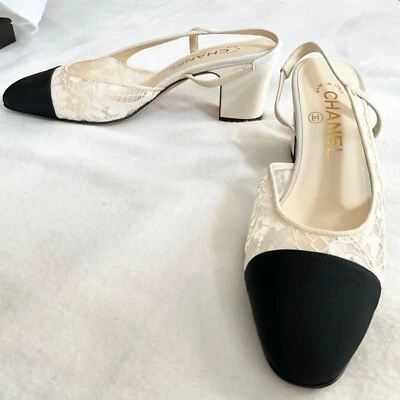 NWB CHANEL Interlocking TWO tone BLK white lace Slingback Pumps heels SZ37 US6.5 - Image 1 of 4