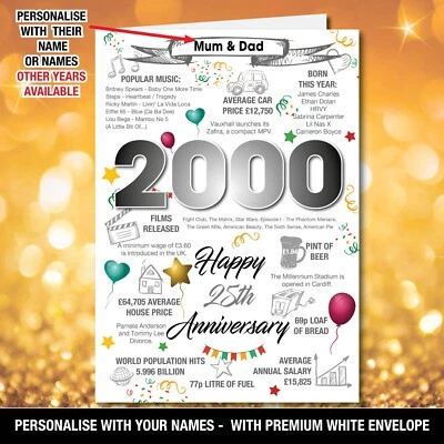 2000 25th Personalised SILVER WEDDING Anniversary Fact Greeting Card News  197 - Image 1 of 4