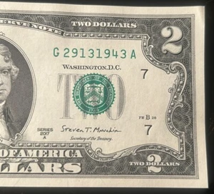 $2 Elegante Número de Serie Trailing Cumpleaños Año Nota 1943 G29131943A Serie 2017A - Imagen 1 de 3