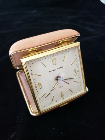 Vintage Phinney-Walker Alarm Travel Clock Folding Tan Case Windup RUNS & WORKS Cover
