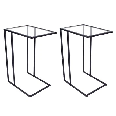 Set Of 2 Sofa Side Table Black With Clear Glass Top Coffee End Table for Living - Image 1 of 4