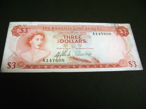 1965 BAHAMAS 3 DOLLARS BANKNOTE Scarce PICK 19 - VG+ Cover