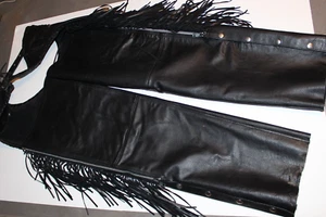 Unik Genuine Leather Premium M Black Leather Rodeo Biker Riding Chaps w/ Fringe - Bild 1 von 10