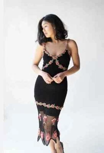 Sue Wong Vintage Rose Rosette Black Crochet Knitted Dress Cardigan Size Large - Picture 1 of 5