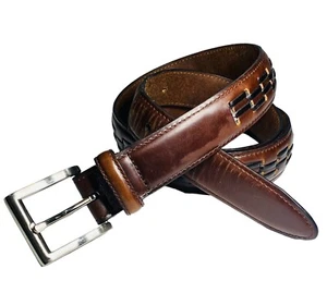 Men’s Full Grain Leather Brown Belt Casual Dress Jeans Black Woven Inlay Size 42 - Picture 1 of 16