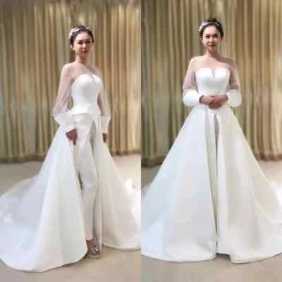Elegant Boho White Jumpsuits Dresses Long Sleeve See Through Neck Wedding Gowns - Image 1 of 4