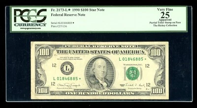 DBR 1990 $100 FRN STAR San Francisco Fr. 2173-L* PCGS App 25 Serial L01846885* - Image 1 of 2