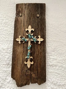Rustic Wall Cross Turquoise Beads Mounted On Reclaimed Wood Southwestern Western - Picture 1 of 6