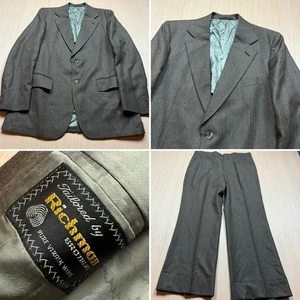 Vintage 70s Brown Pinstriped Suit 36x30 Flared Pants Blazer 42 L Wide Lapels - Picture 1 of 24