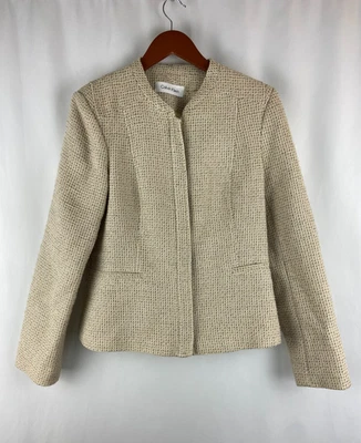 Calvin Klein Women's Size 8 Cream Tweed Boucle Zipper Career Blazer Jacket Lined - Image 1 of 4