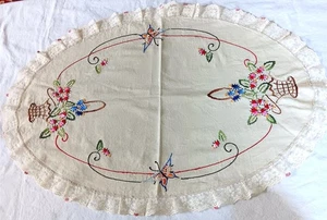 Vtg Feed Sack Doily Hand Embroidered Flower Basket Lace Edge 24 x 17" - Picture 1 of 6