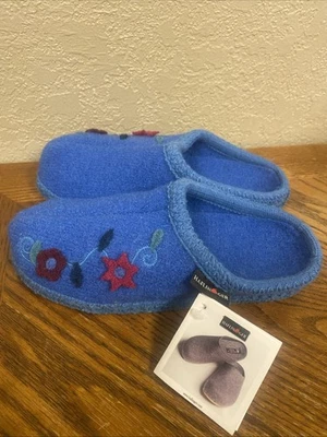Zapatillas de Lana Haflinger AZUL FLORAL Talla 38 EE. UU. 7 Suela Suave Zapato Zueco Comodidad NUEVO Foto 1 de 4