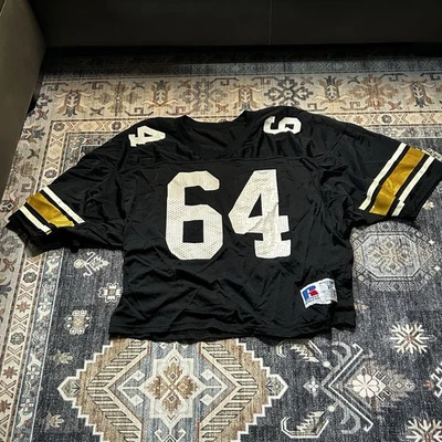 Russel 复古网眼练习橄榄球球衣 64 黑色 XL V 领裁剪-缺陷 — 第 1/4 张图片