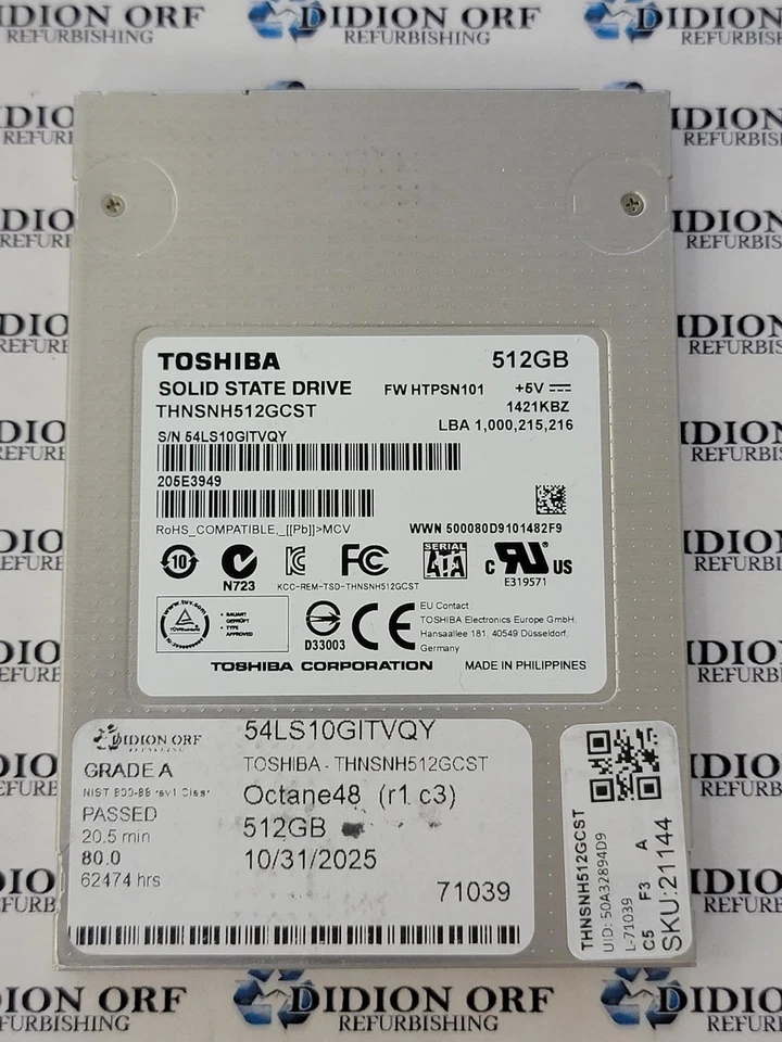TOSHIBA 512GB 2.5" SATA SSD THNSNH512GCST, Grade A, SKU 21144 - Image 1 of 1