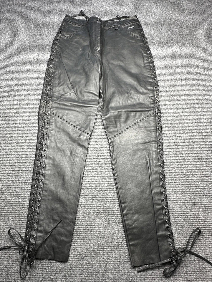 Pantalones de cuero negros para mujer 12 lados con cordones forrados estilo motociclista gótico Foto 1 de 4