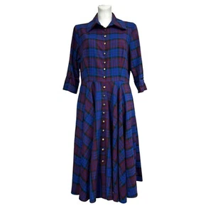 British Retro Blue Red Plaid Check Tweed Long Dress Button Shirt Size 16 - Picture 1 of 6