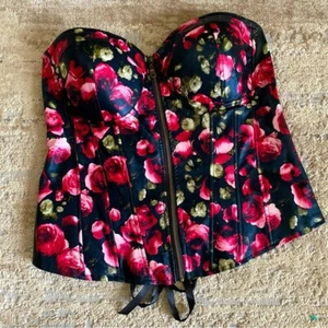Torrid Corset Bodice Lingerie Faux Leather Lace Up Back Rose Floral Pattern: 0 - Picture 1 of 10