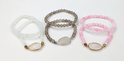Quartz & Glass Beaded Stone Pink Crackle Smoky Opaline Bracelet Set of 6 - Image 1 of 4